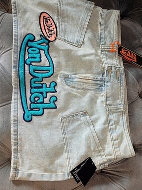 Von Dutch Light Blue Denim Jeans with Turquoise & Pink Logo Patch